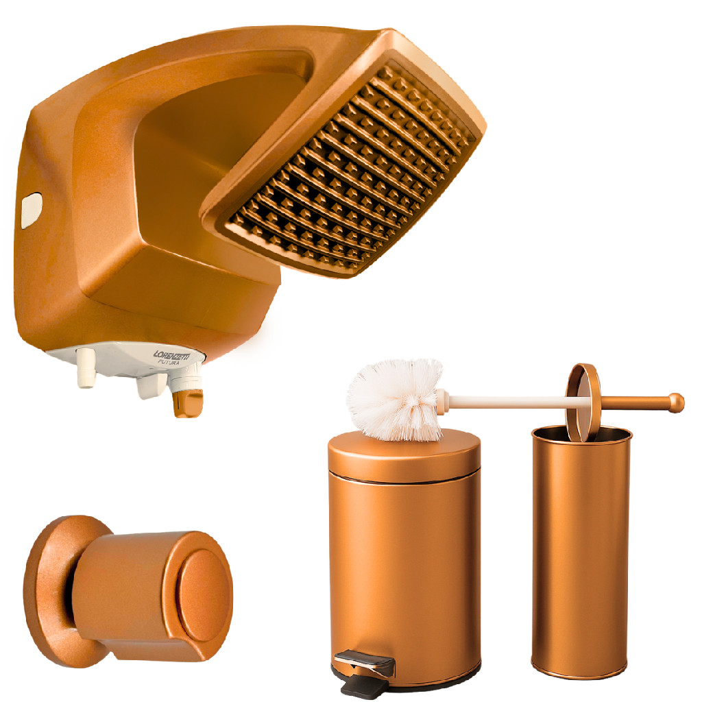 Banheiro Bronze Chuveiro Lorenzetti 220V + Lixeira 3L + Escova Sanitária e Acabamento para Registro