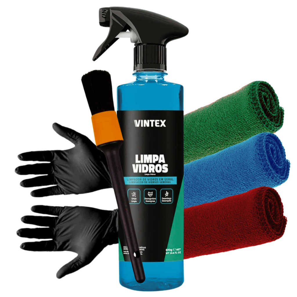 Limpa Vidros Vintex 500ml Desembaça Desengordura Interno Ou Externo Limpador + Kit Panos E Brinde