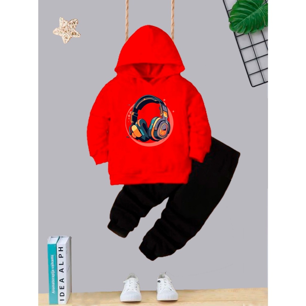 Conjunto Moletom Infantil Juvenil Blusa + Calça Menino Inverno Flanelado Estampa Fone Play Music Capuz e Bolso