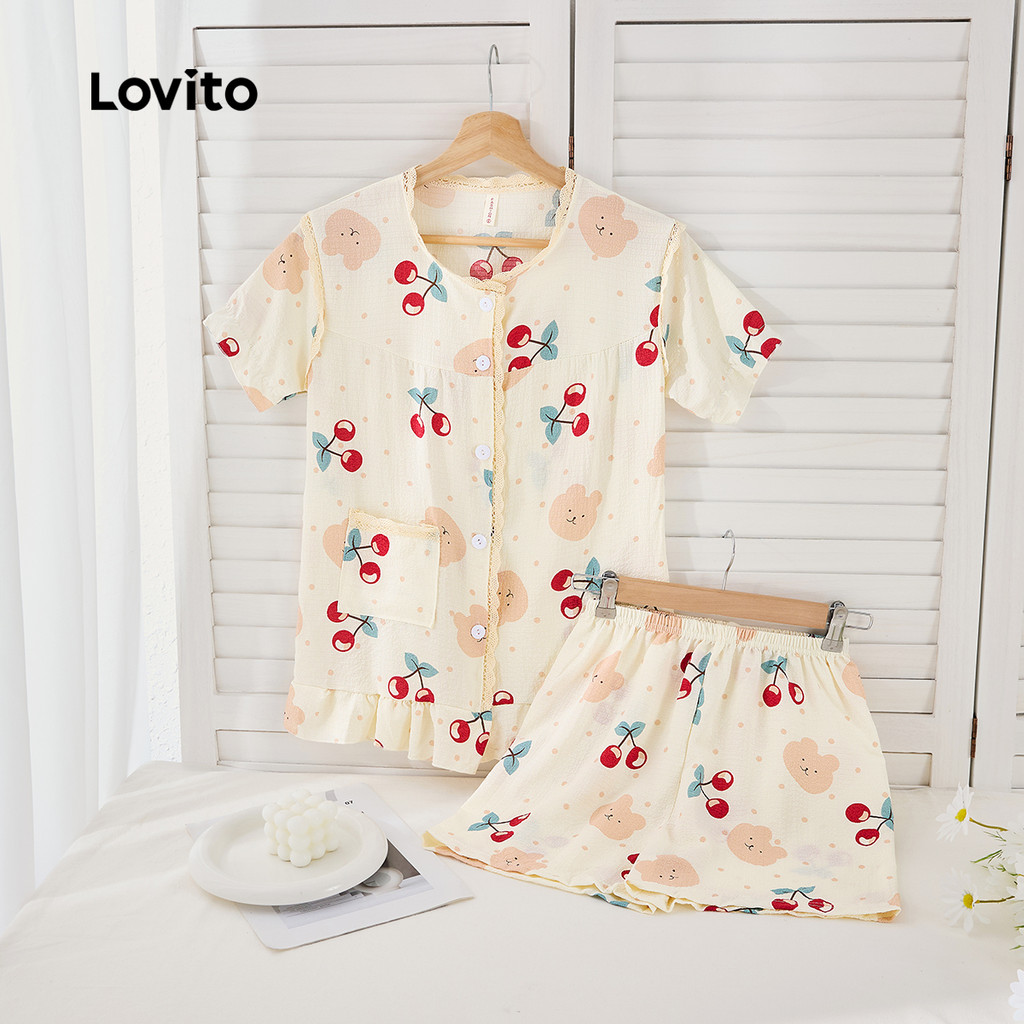(Trendy) Lovito Conjuntos De Pijama Com Acabamento Em Alface E Damasco Para Mulheres LNA104053 - Women Clothes