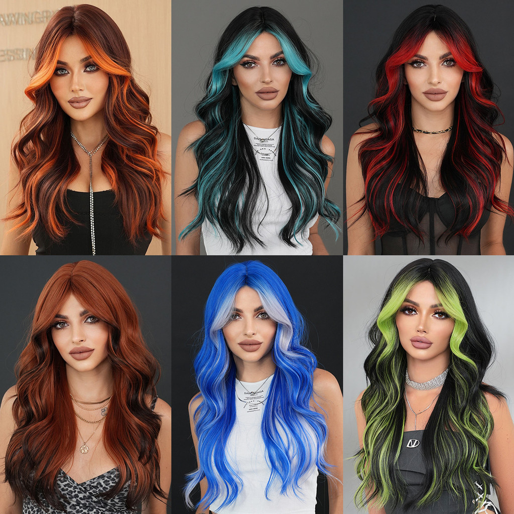 Peruca de Moda com Franja Cabeça Completa Destaques Coloridos de Laranja Chama Cabelo Longo Cacheado