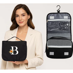 Necessaire de nylon oxford com divisórias para organização PRETA Personalizada com Inicial