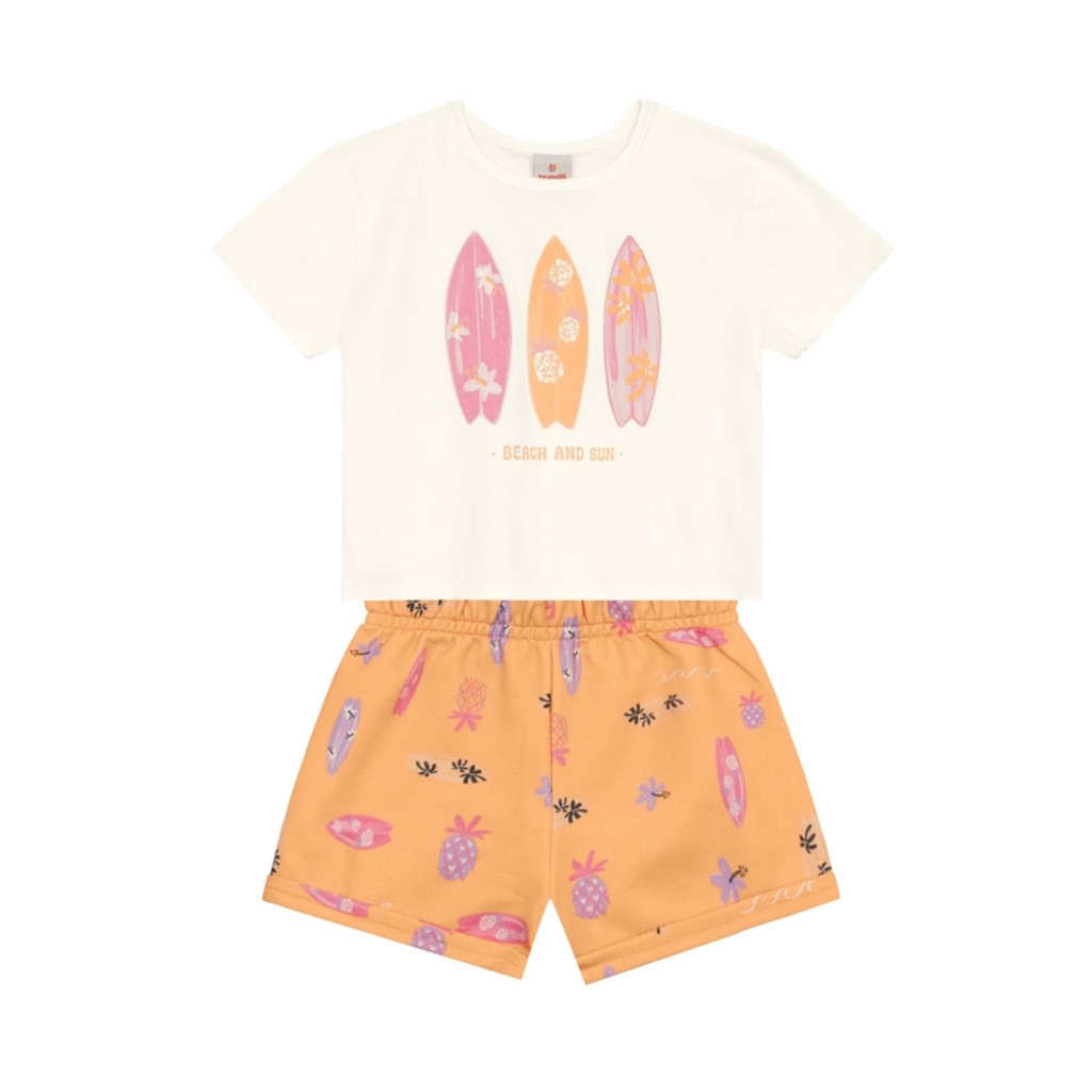 Conjunto Infantil Menina Brandili com Shorts Laranja e Blusa Branca Tropical