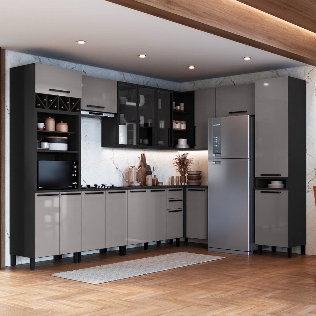 Cozinha Modulada Completa Fidelitá Mônaco 9 Peças 549cm 17 Portas 2 Gavetas Com Tampo Chumbo/Titânio em Oferta na Shopee
