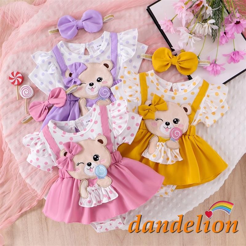 Bebê Meninas Verão Manga Curta Urso Bordado Macacão Com Bandana Roupas Recém-Nascidas em Oferta na Shopee