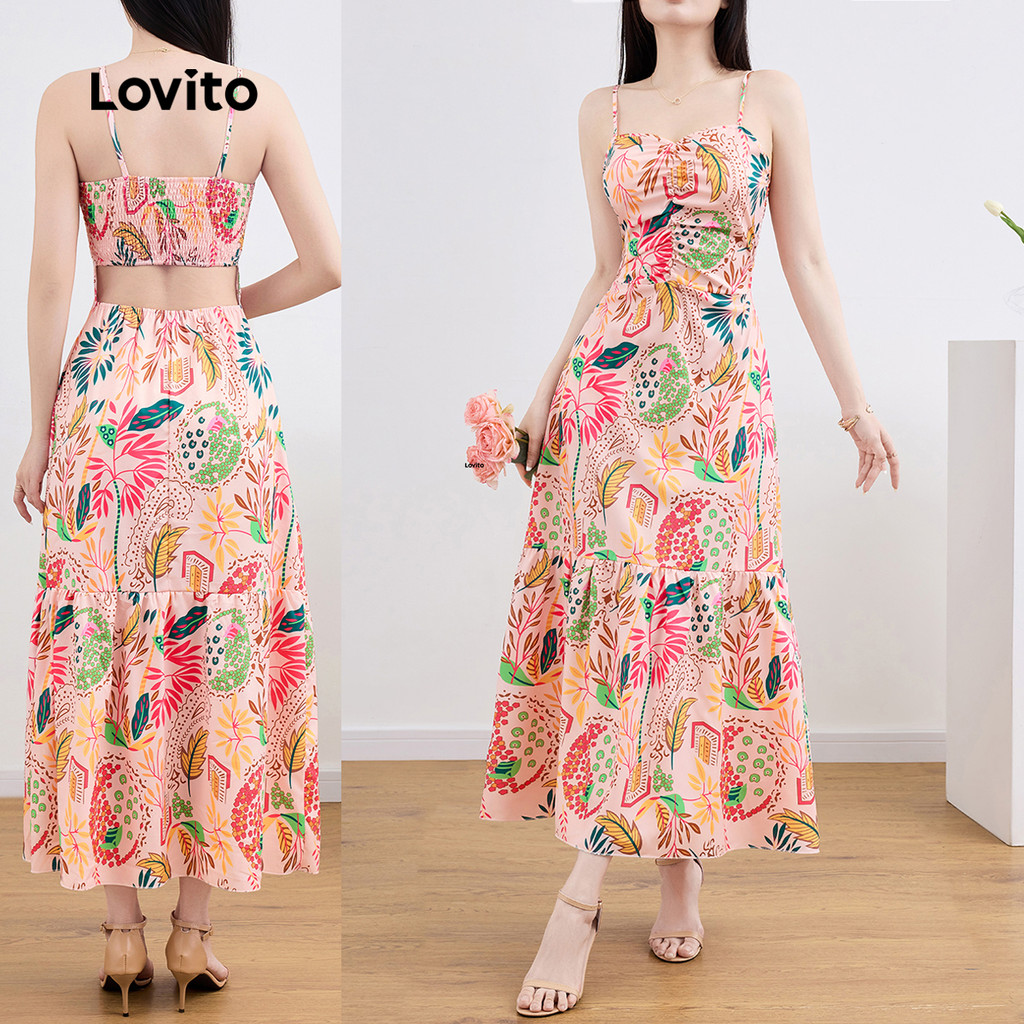 Lovito Boho Tropical Padrão Smocked Verão Primavera Vestido Multicolor Para Mulheres L135ED369 - Women Clothes