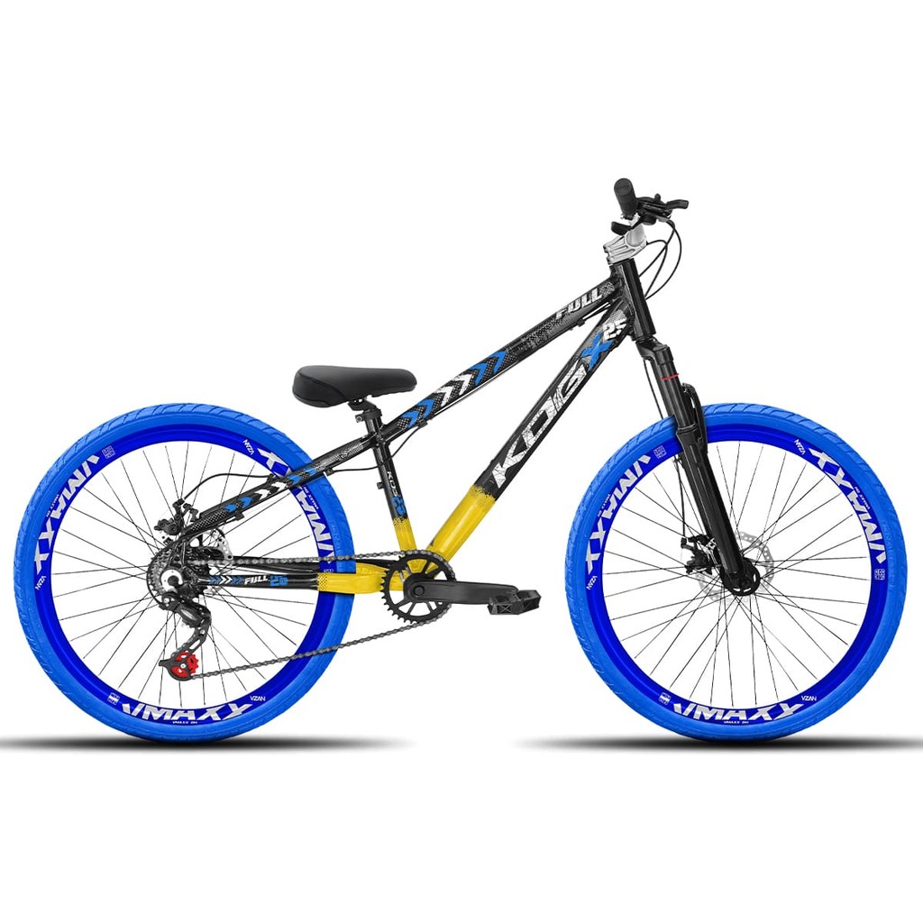 Bicicleta aro 26 KOG Freeride 1x7 Preto Amarelo e Azul Vmaxx Azul - Pneus Azul - Mesa Curta Prata - Guidão Prata
