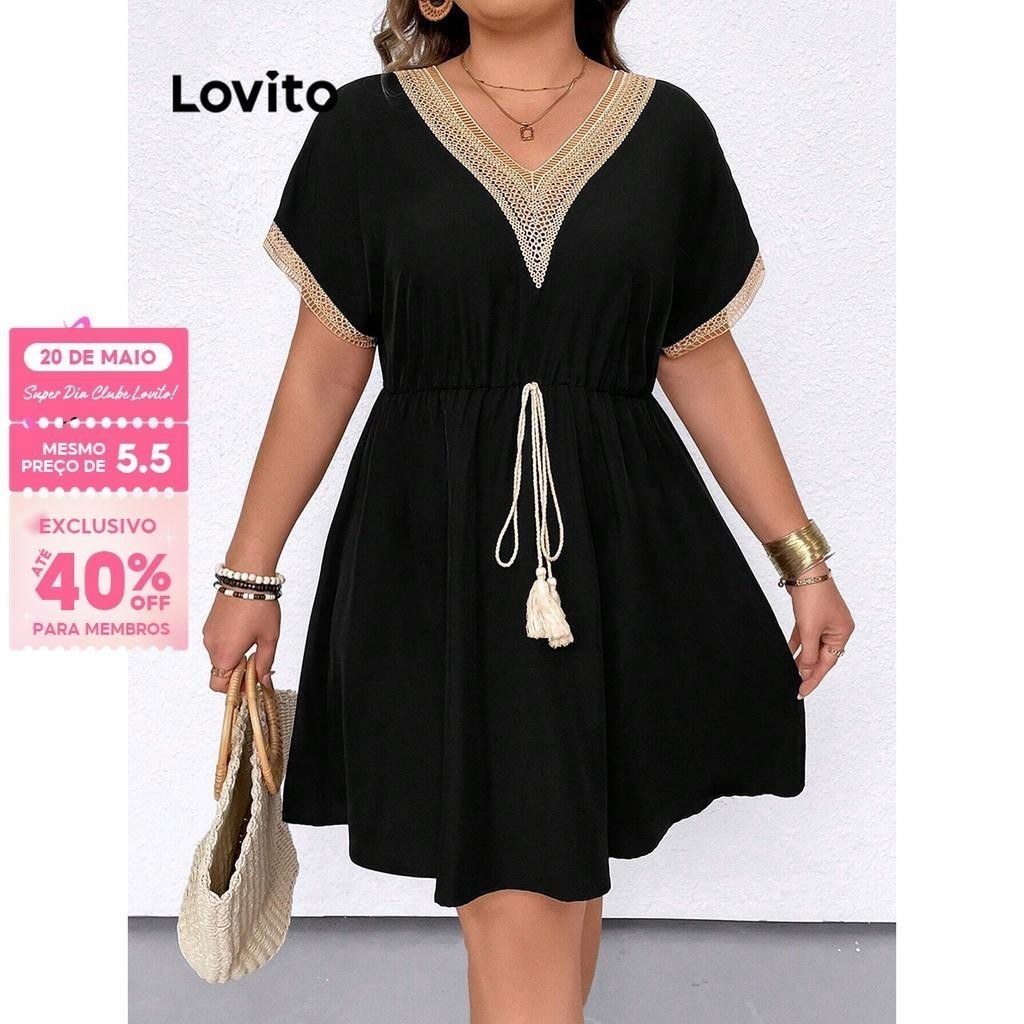 (Trendy) Lovito Vestido De Renda Plus Size Elegante Vestido De Borla Lisa Para Mulheres LBL16140 - Women Clothes