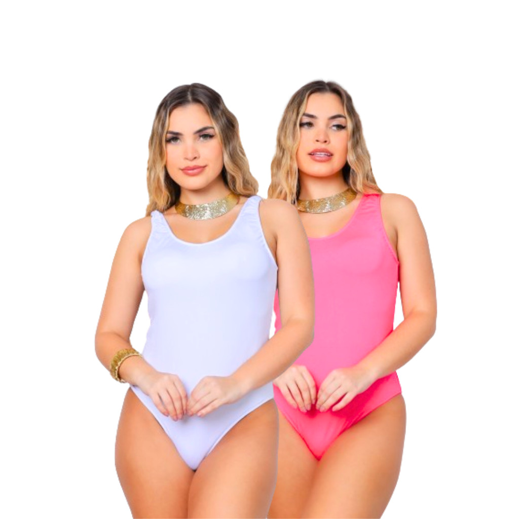 Kit Com 02 Body Maguel Maiô Branco + Rosa Moda Praia Verão