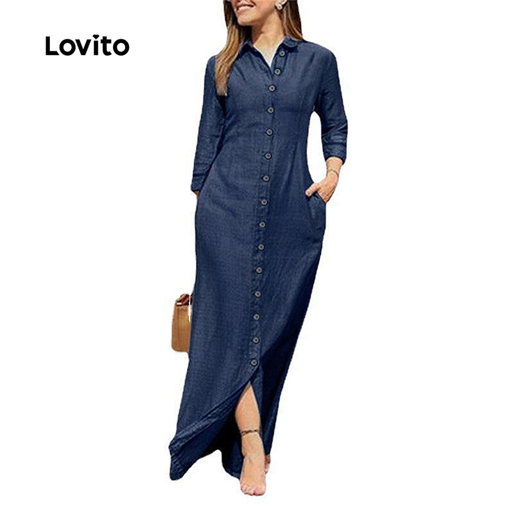 (Trendy) Lovito Vestido jeans Casual com botões lisos para mulheres LNL101611 - Women Clothes