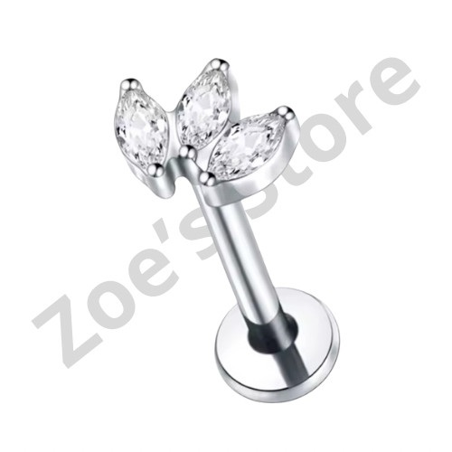 Piercing Navete Titânio Cravejado Labret 3 Pedra Zircônia Pvd Banhado Tragus Conch Helix Cartilagem Tendencia Lindo