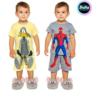 Conjunto Pijama Brilha no Escuro Personagens Menino Infantil Mickey Homem Aranha Malha Le…