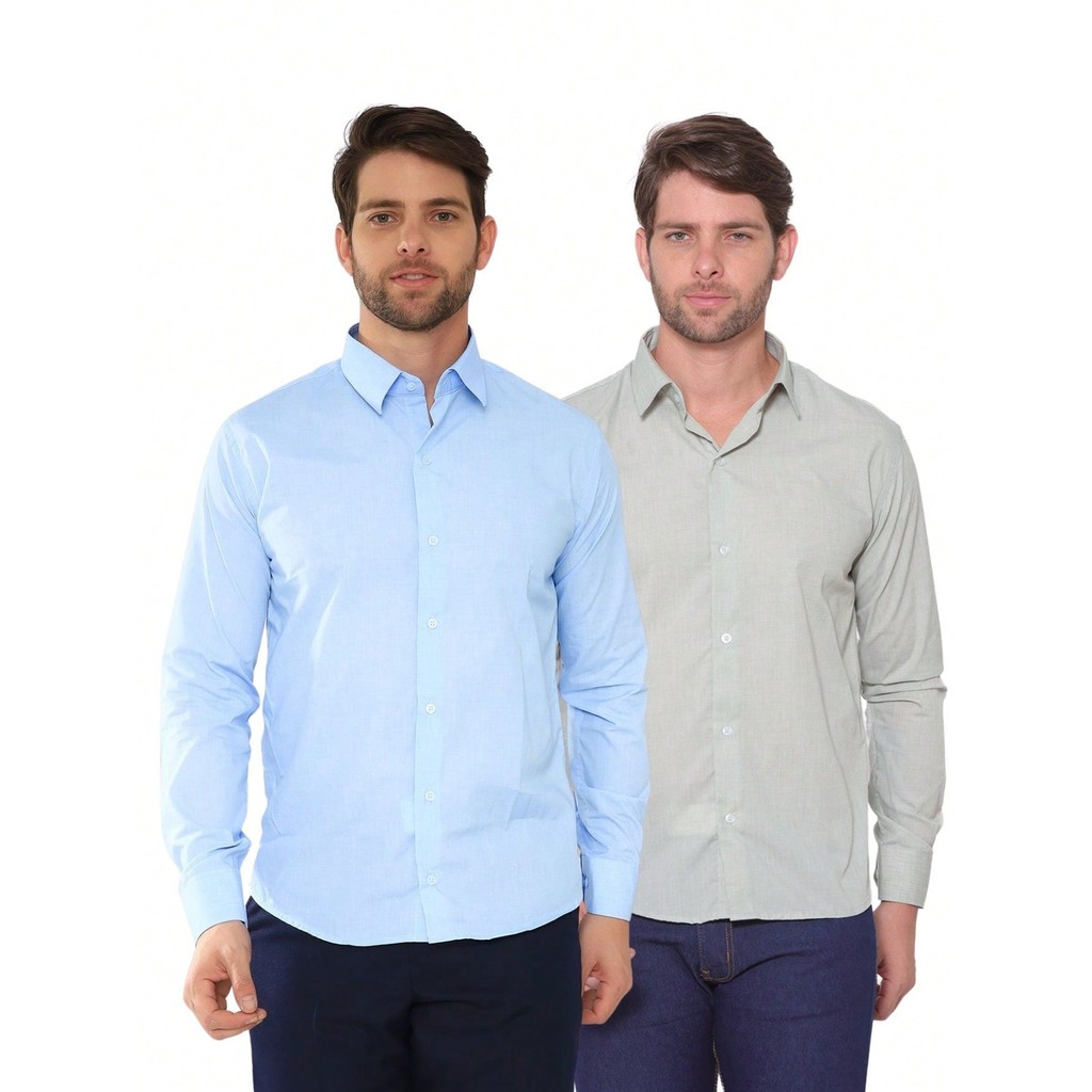 KIT Masculino 2 Peças - Camisa Social Masculina Premium Tipo Linho Oliva  e Camisa Social Tipo Linho Azul Claro