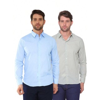 KIT Masculino 2 Peças - Camisa Social Masculina Premium Tipo Linho Oliva  e Camisa Social Tipo Linho Azul Claro