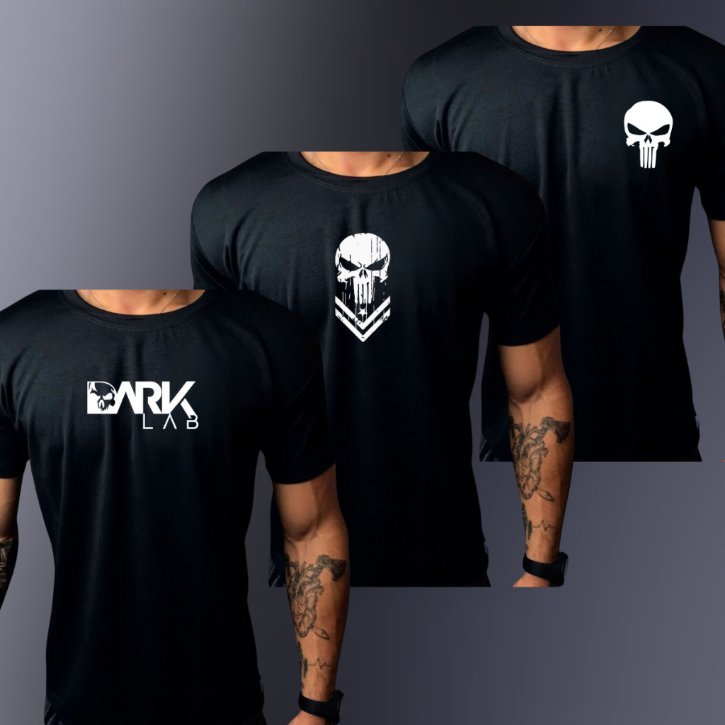 Kit 3 Camisetas Masculinas Dry Fit JUSTI Mix Estampa Suplemento - Camisa Esportiva p/ Treino Academia Corrida Leve