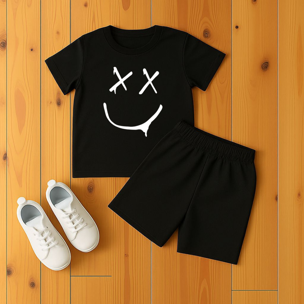 Conjunto  Bermuda Moletinho e Camiseta Algodão para Crianças Estampado Smile