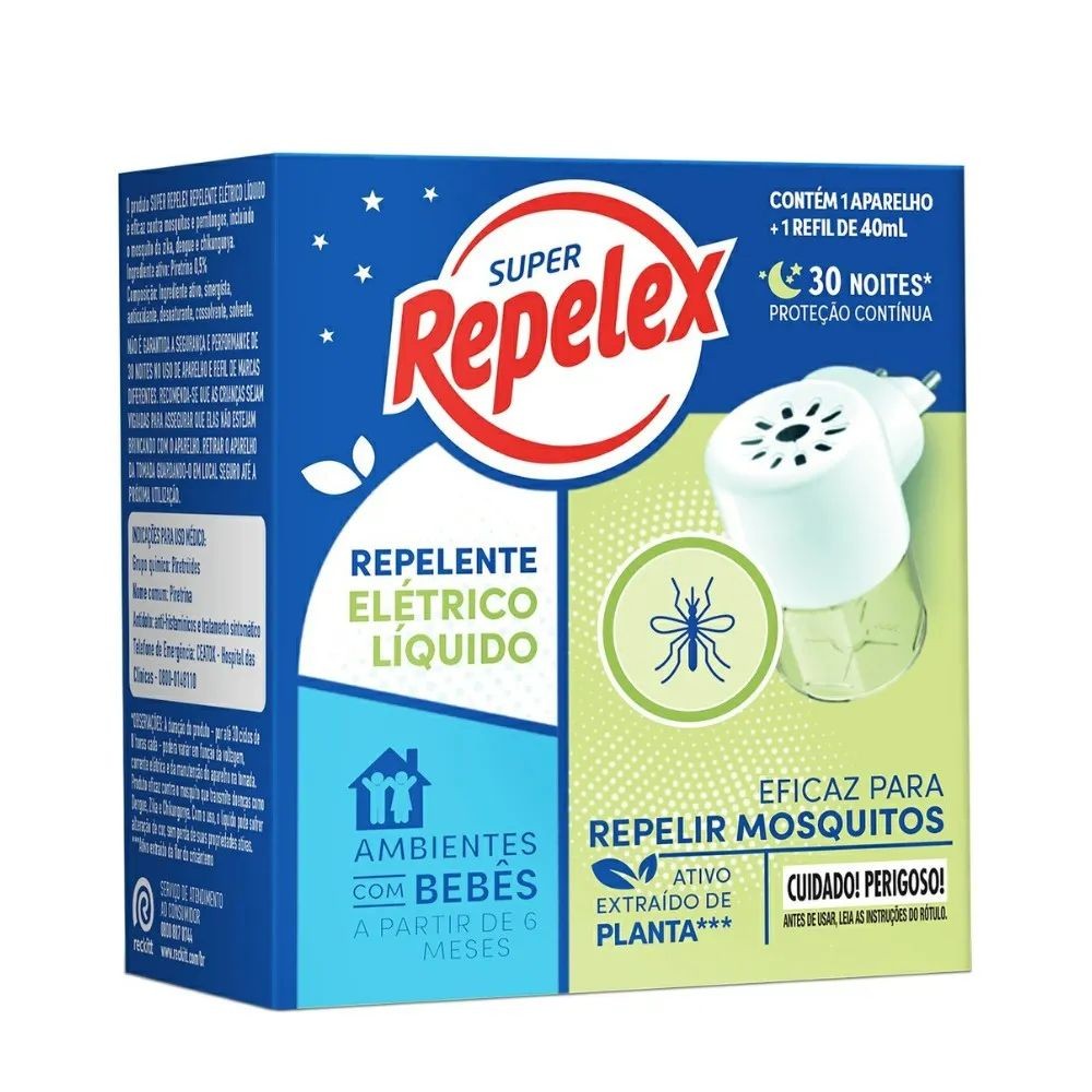 Repelente Elétrico Líquido Super Repelex 30 Noites Contém 1 Aparelho e Refil de 40ml - Beauty