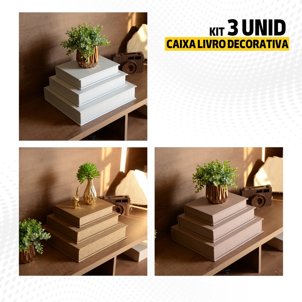 Kit 3 Caixa Livro Falso MDF CORINO Madeira Decorativa Porta Objeto Elegante
