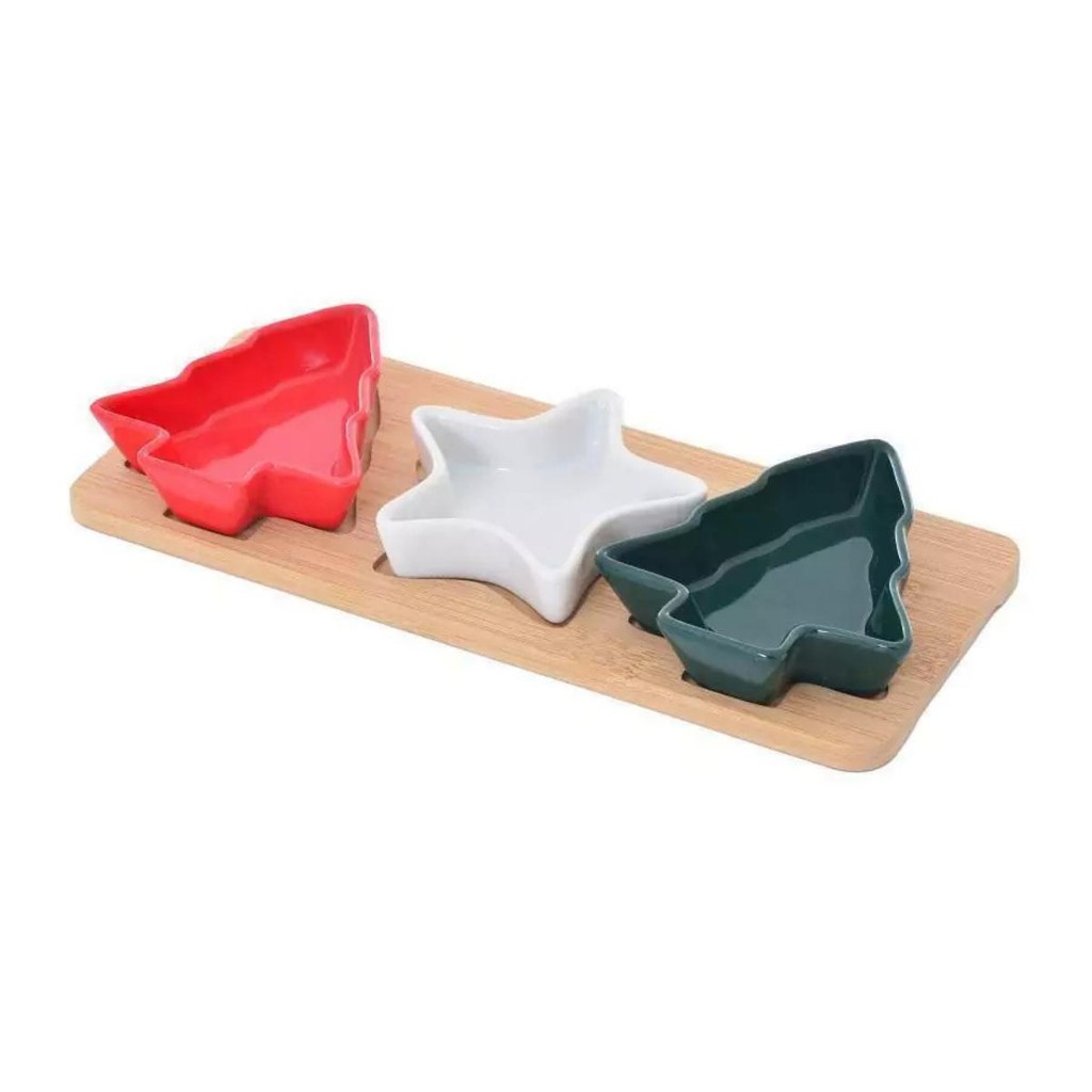 Petisqueira 3 Bowl Natalina Bambu 4 PCs 28x12cm Estrela e Pinheiro de Natal