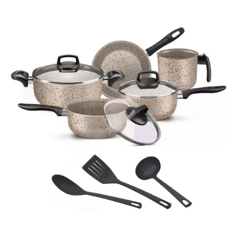 Imagem Kit de Panelas Marfim 8 Peças Antiaderente Teflon Premium com Tampa de Vidro