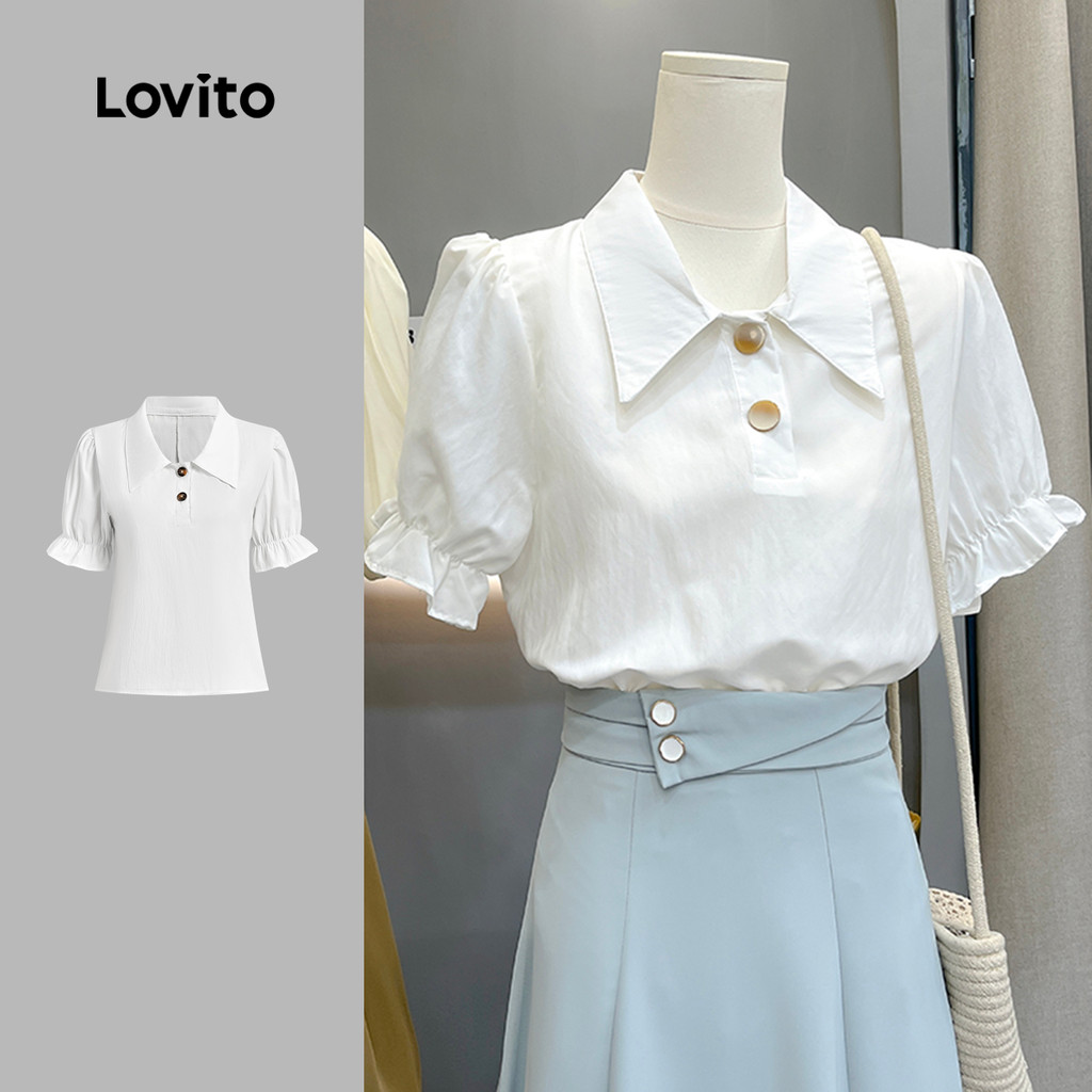 Detalhes do Lovito Blusa Casual de Botões com Detalhe de Alface  Confortável para Primavera/verão  Branca L143ED436
