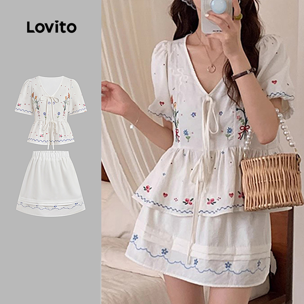 (New) Lovito Conjuntos de Saia Elegantes com Babados e Pregas de Primavera/verão para Mulheres L142LD701 em Oferta na Shopee