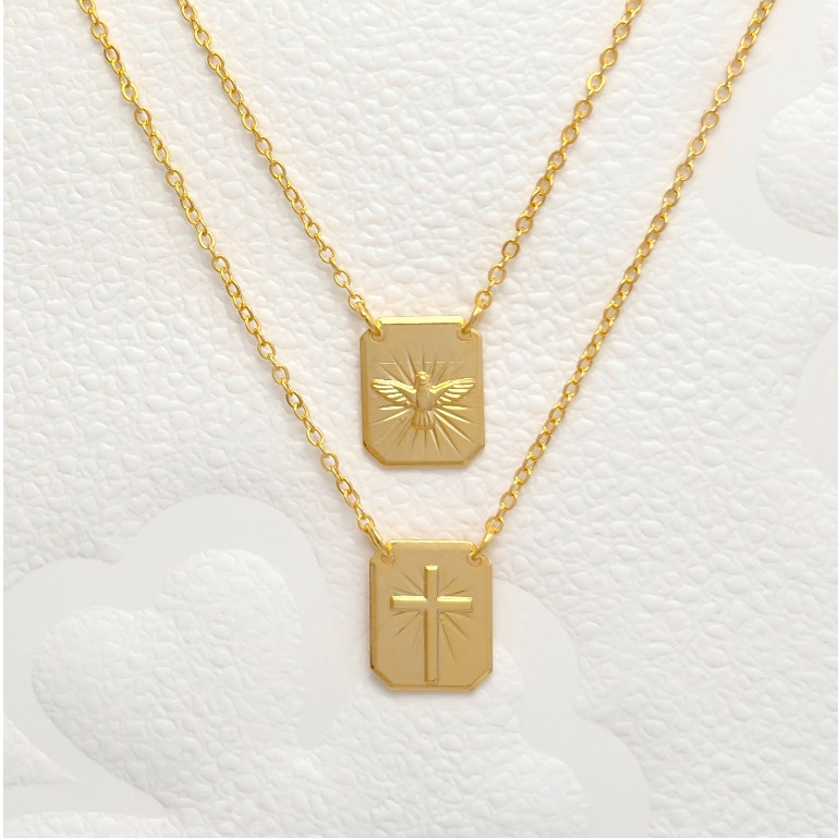 Escapulário Espirito Santo E Cruz Masculino Banhado A Ouro 18k ou Prata 925