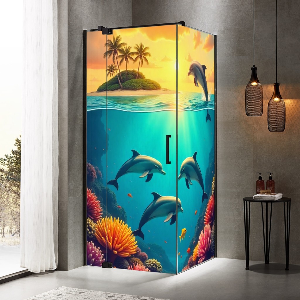 Adesivo Box Vidro Golfinhos Fundo do Mar Interação Varias Medidas