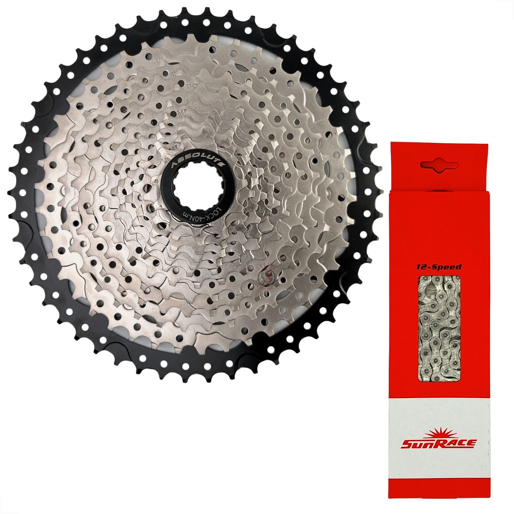 CASSETE 12V ABSOLUTE 11/50D + CORRENTE SUNRACE PRATA 126 ELOS - MTB em Oferta na Shopee