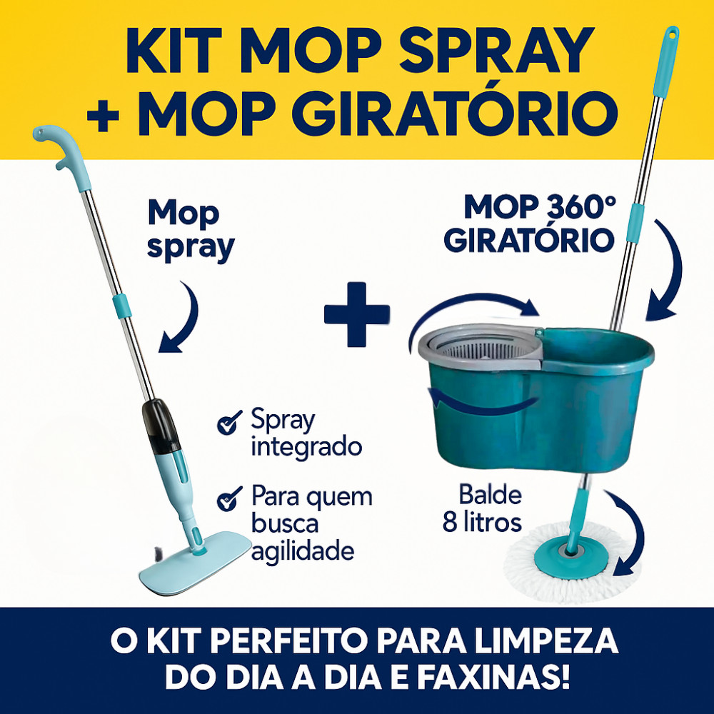 Kit Mop 360° Giratório 8L + Mop Spray Rayco Limpeza Rápida e Completa