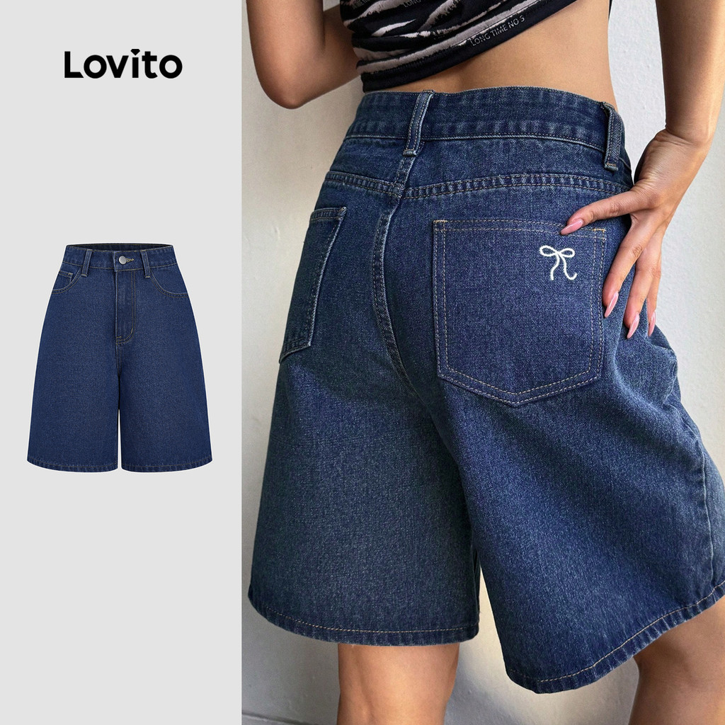 (New) Lovito Shorts Jeans Casuais com Zíper Primavera/verão Shorts Jeans Azul Escuro para Mulheres L149LD399 em Oferta na Shopee