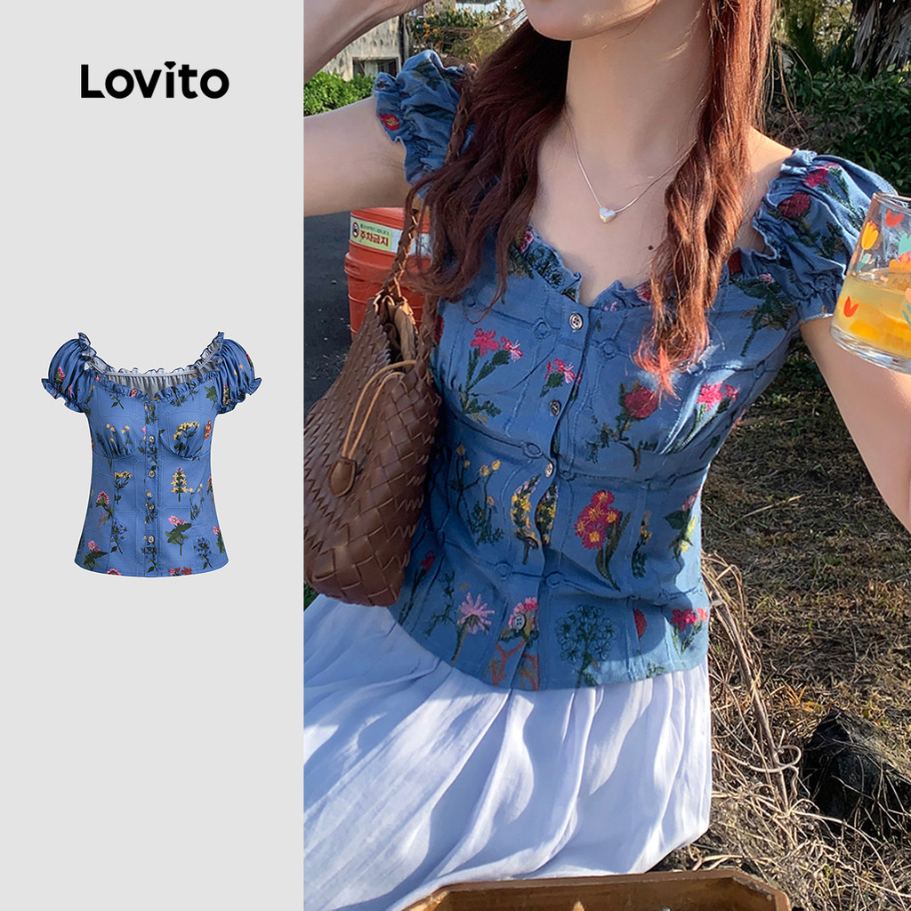 (New) Lovito Blusa Fofa com Flores Babado No Gola Primavera/verão para Mulheres L151AD407 em Oferta na Shopee