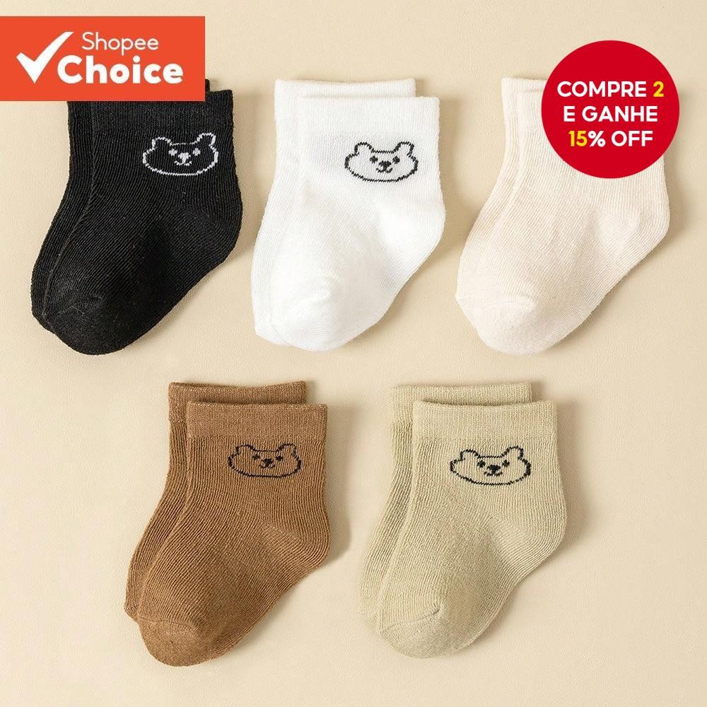 5 Pares De Meias De Bebê Infantil Desenho Animado Cor Sólida Macia E Confortável Cano Médi...