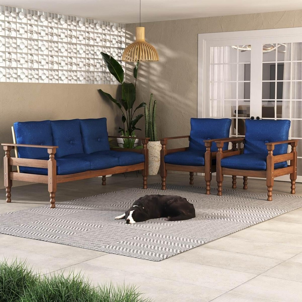 Jogo Sofá Madeira Maciça 3 Lugares e 2 Poltronas Liz Multimóveis CR7001 Azul em Oferta na Shopee