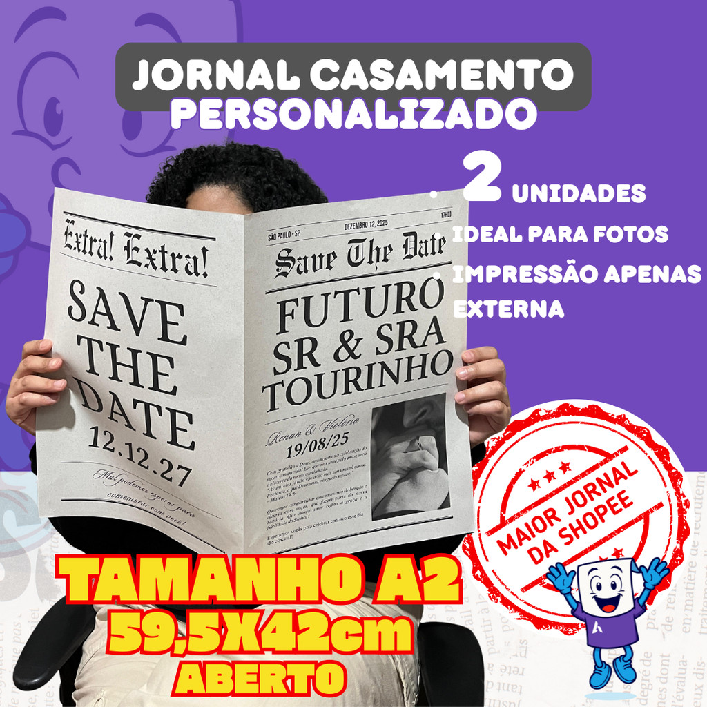 JORNAL PERSONALIZADO SAVE THE DATE  PRÉ WEDDING/CASAMENTO | PRETO E BRANCO | 2 UNIDADES |  A2 59,5X42cm ABERTO