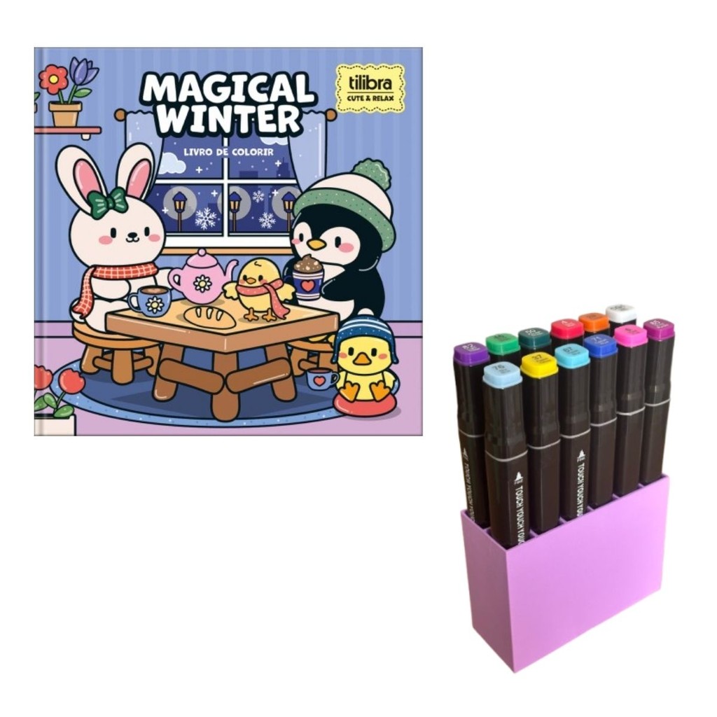 Kit Livro de Colorir Cute & Relax com 12 Canetinhas Marcadores e Suporte Organizador Cor Lilás