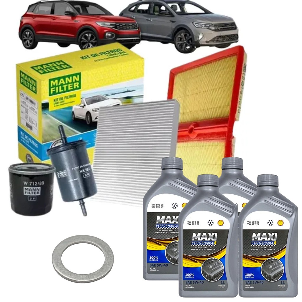 Kit 4 Filtro Revisão + 4l Óleo VW 5W40 Volkswagen T-Cross / Nivus 1.0 12V TSi (Óleo + Ar + Combustível + Ar Condic