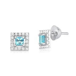 Brinco Feminino de Prata 925 Carrê Topázio Azul com Zircônias