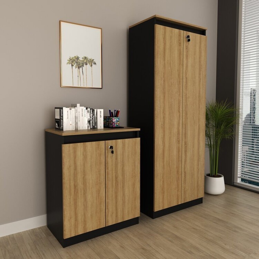 Kit 2 Peças Armário Escritório com 2 Portas com Chave, Balcão para Escritório com Chave e 2 Portas Amêndoa/Preto em Oferta na Shopee