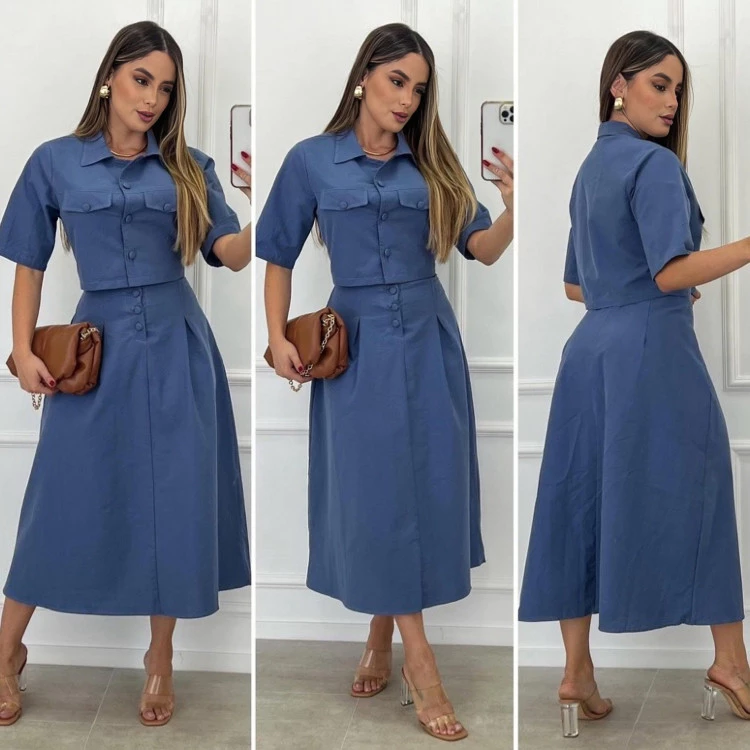 Conjunto Saia Midi Rodada Longa e Blusa Linho com Botões Moda evangélica — imagem 1