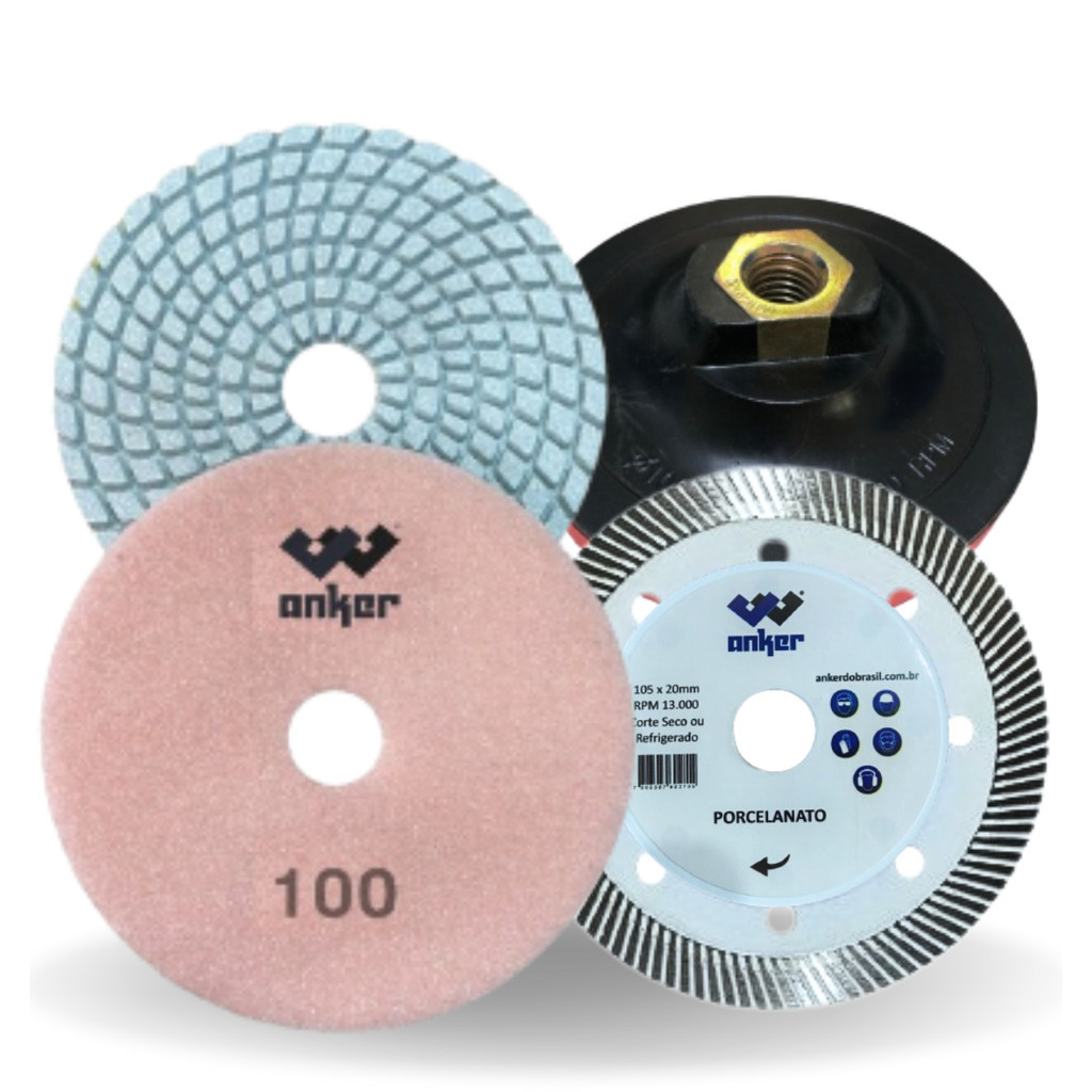 KIt Meia Esquadria Porcelanato 1 Lixa Grão 100 + 1 Disco Ultra Fino + 1 Prato 100mm
