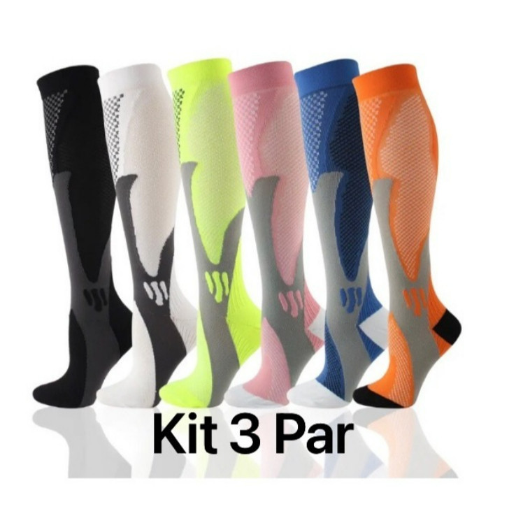 KIT3 Meia De Compressão Unissex Esportiva 20-30 mmhg Para Maratona/Ciclismo/Futebol/Varize...