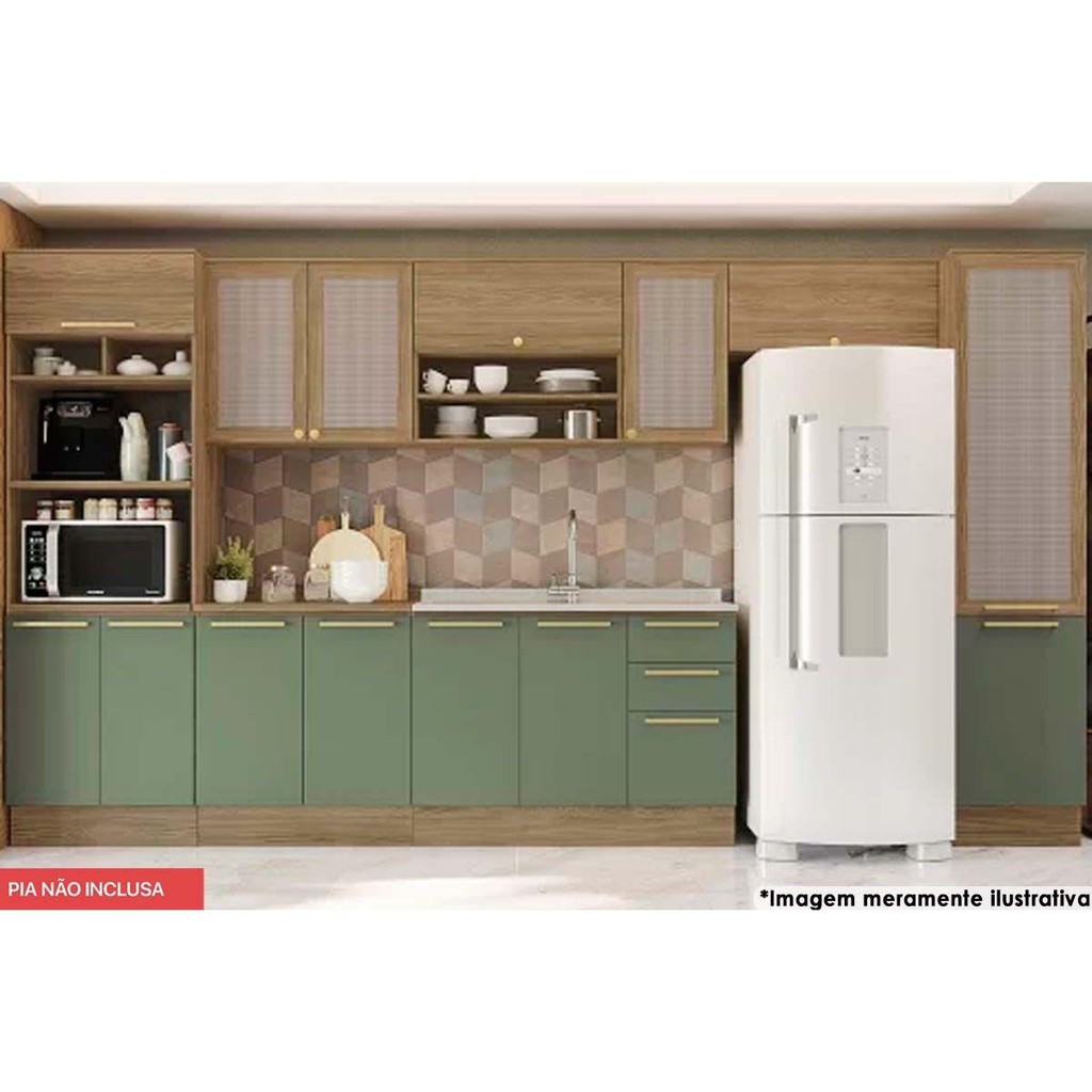 Cozinha Completa Botanic 8 Peças (3 Armários + 2 Balcões + 2 Paneleiros + 1 Complemento) s/Pia M651 Nogueira/Verde Oliva - Kappesberg em Oferta na Shopee