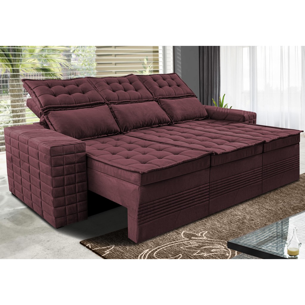Sofá 3 Lugares Retrátil e Reclinável Cama inBox Senses 2,00m Velusoft Vinho - Home & Living