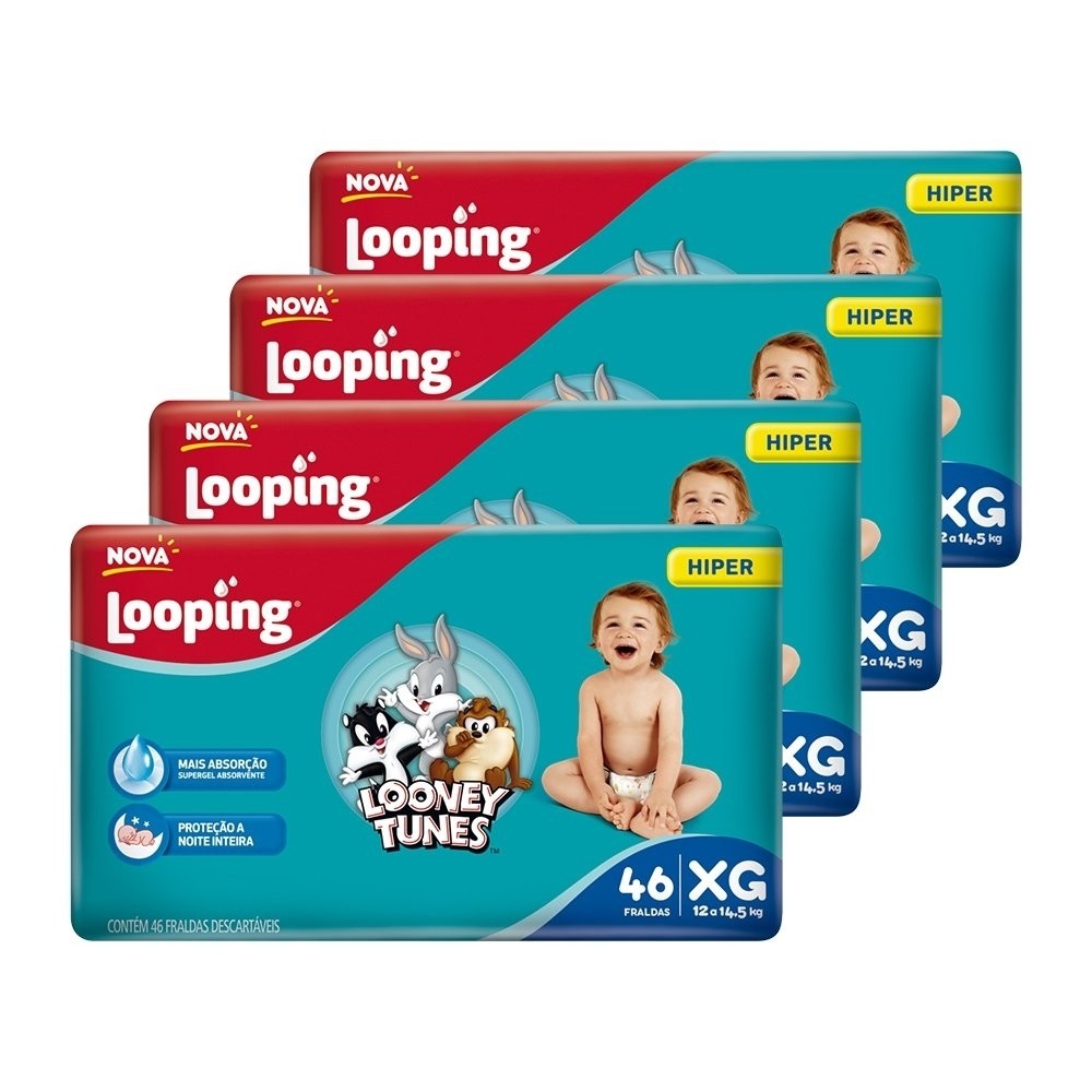 Fralda Descartável Looping Looney Tunes Hiper Extra Grande - 4 Pacotes com 46 Fraldas - Total 184 Tiras - Mom & Baby