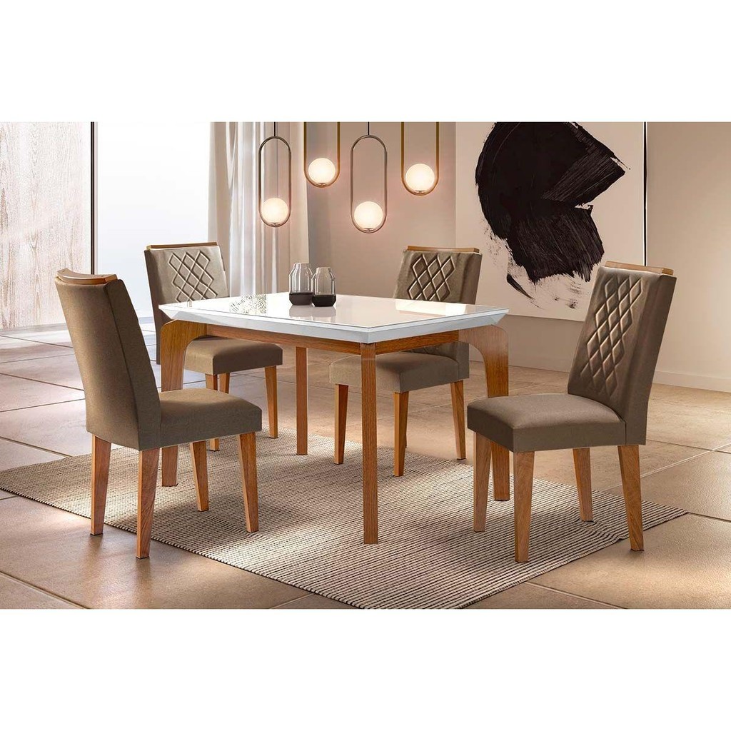 Sala de Jantar Completa Londrina Tampo Madeirado c/ Vidro 120x80cm e 4 Cadeiras Jade Imbuia - Veludo Chocolate Capuccino - Rufato em Oferta na Shopee