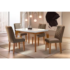Sala de Jantar Completa Londrina Tampo Madeirado c/ Vidro 120x80cm e 4 Cadeiras Jade Imbuia - Veludo Chocolate Capuccino - Rufato