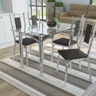 Kit Conjunto Mesa Sala de Jantar Cozinha 4 Cadeiras 120 x 80 cm Vidro Metal Preto/Cromado em Oferta na Shopee