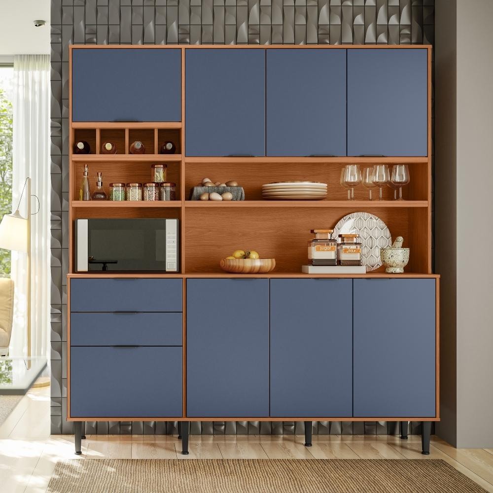 Kit de Cozinha Compacta Lukaliam Móveis Viena 8 Portas e 2 Gavetas em MDP Jequitiba/Azul Lord