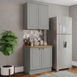 Cozinha Compacta Americana 4 Portas 3 Prateleiras 100% Mdf Cinza/Nature - Henn